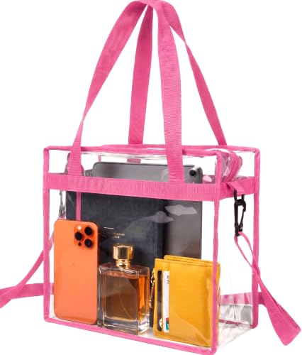 Handy Laundry Clear Bag 12x6x12 Stadium Approved - Transparent Tote Zippered Top & Shoulder Straps for Work, Sports, Concerts - color: Pink