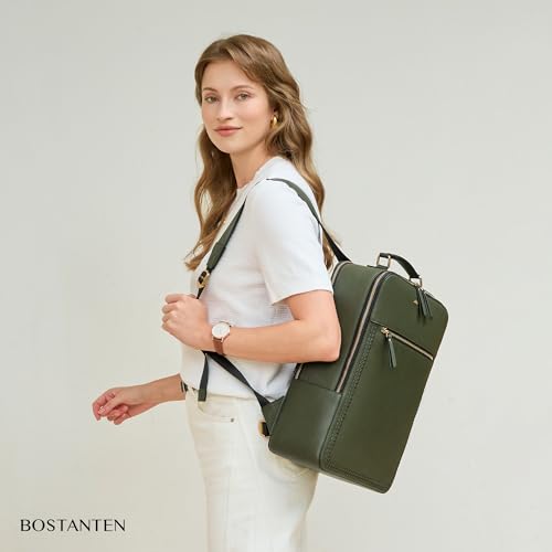 BOSTANTEN Leather Backpack 15.6 inch Laptop Bag Travel Casual Computer Backpack College Business Work Shoulder Bags with Trolley Sleeve for Women Men Olive Green - color: Olive Green