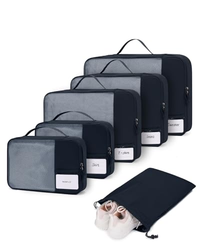 ECOHUB 6 Set Packing Cubes for Travel Durable Suitcase Organizer Bags Set with Personalized Tag Travel Essentials with Shoe Bag Traveling Accessories for Luggage Machine Washable, Navy Blue - color: No Compress-Navy Blue