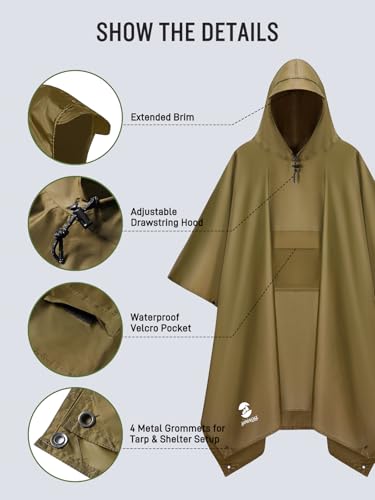 SaphiRose Extra Thick Hooded Rain Poncho Double Layer Waterproof Raincoat Jacket for Men Women Adults - color: Brown