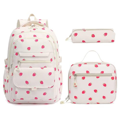 Phaoullzon Teen Girls School Backpack with Lunch Box for Boys, College Aesthetic Laptop Bookbag for Women - color: Strawberry