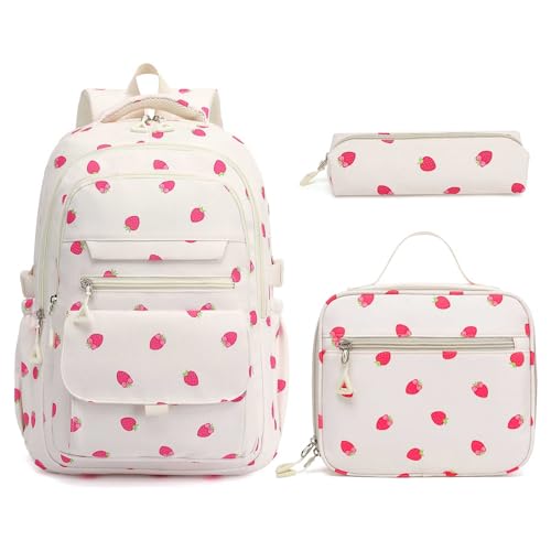 Phaoullzon Teen Girls School Backpack with Lunch Box for Boys, College Aesthetic Laptop Bookbag for Women - color: Strawberry