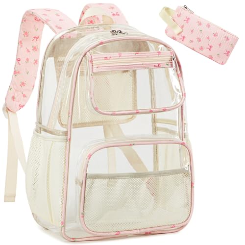 Bluboon Clear Backpack Heavy Duty Kids Boys Clear Bookbag See Through Backpacks with Pencil Case for College Work - color: Pink Bow 212-pink