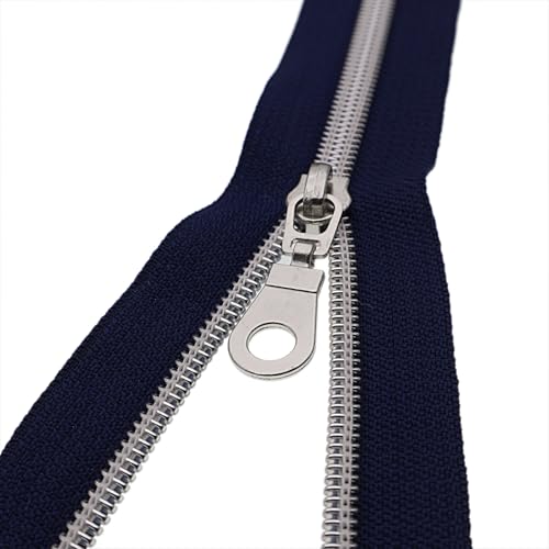 #5 Silver Metallic Nylon Coil Zippers by Yard Bulk Coil Zipper Roll 10 Yards with 25pcs Silver Pull for DIY Sewing Craft Bag(Navy Blue) YIGUANXIN - color: Navy Blue-Silver
