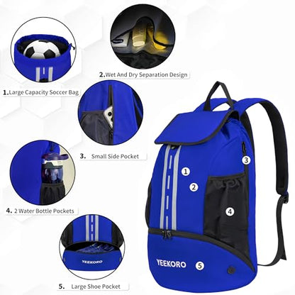 Soccer Backpack Multifunctional Sport Gym Bags with Dry-wet Separate & Shoe Compartment for Basketball Volleyball - color: Upgraded Blue