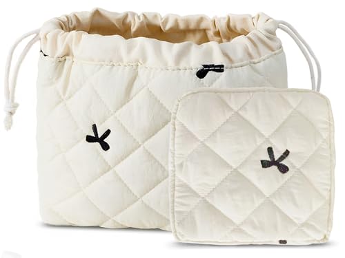 HAPPYHEIDI Quilted Nylon Drawstring Makeup Bag Set 2 Compartment Cosmetic Toiletry Travel Pouch, Purse Organizer, Creamy White Embroidery Bow - color: KJM-Quilted Cotton Pouch with Compartment Set of 2- Embroidery Bow