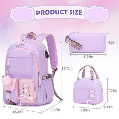 ACESAK Backpacks for Girls, Girls Backpack with Lunch Box and Pencil Case for Teen Kids Elementary Middle High School College Student, Children Backpack Bookbag with USB Charging Port (Pink Purple) - color: Purple & Pink