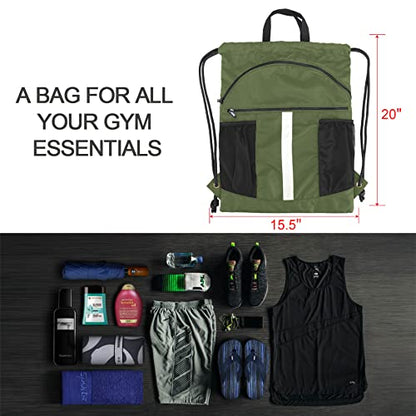 BeeGreen Drawstring Backpack Bag with Shoe Compartment, X-Large Black Gym Sports String Cinch Backpack - color: Moss Green