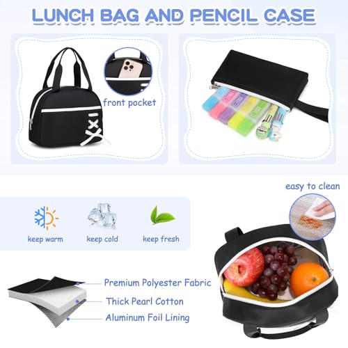 MOONBABY Girls Backpack with Lunch Box & Pencil Case for Kids Teens Bookbag for Elementary Primary Middle High School Daypack - color: Black-3pcs