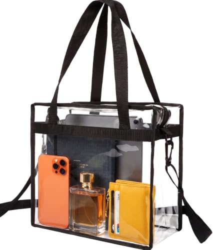 Handy Laundry Clear Bag 12x6x12 Stadium Approved - Transparent Tote Zippered Top & Shoulder Straps for Work, Sports, Concerts - color: Black