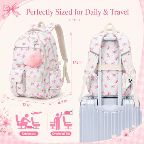 Quilted Backpack for Teen Girls, Cute Pink Bow School Backpack with Multi-Pocket Design, Lightweight Cotton Bookbag Fits 15.6" Laptop, Large Capacity Aesthetic Backpack with Plush Charm - color: Pink Bow