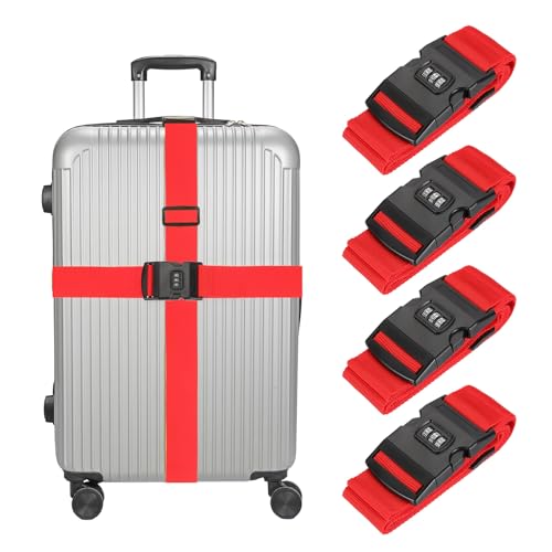 MECCANIXITY Luggage Straps with Combination Lock Adjustable Suitcase Belt Strap for Suitcase Briefcase Backpack Travel, Red, Pack of 4 - color: Red