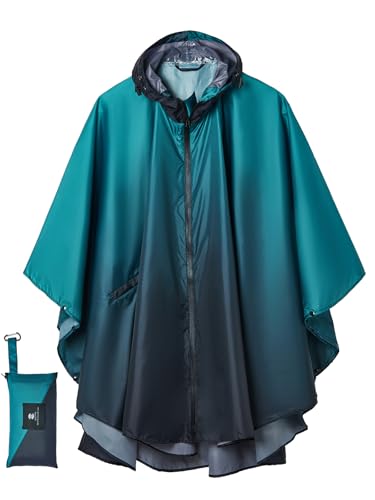 SaphiRose Unisex Rain Poncho Waterproof Raincoat Hooded for Adults Women with Pockets - color: Gradient Teal