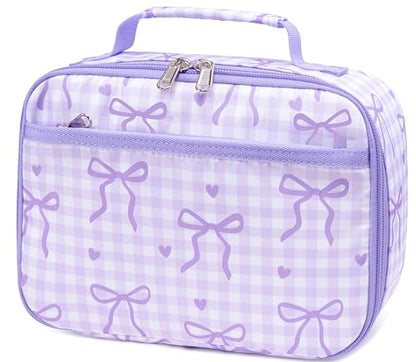 LEDAOU Lunch Box Kids Insulated Lunch Bag Girls Boys Toddler Reusable Lunchbox for School Picnic Hiking (Checkered-Purple Bow) - color: Checkered-Purple Bow
