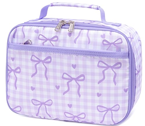 LEDAOU Lunch Box Kids Insulated Lunch Bag Girls Boys Toddler Reusable Lunchbox for School Picnic Hiking (Checkered-Purple Bow) - color: Checkered-Purple Bow