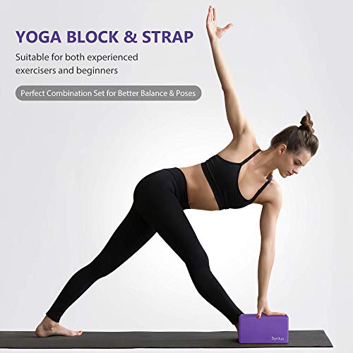 Syntus Yoga Block and Yoga Strap Set, Soft Non-Slip Yoga Blocks 9×6×4 inches, 8FT Metal D-Ring Strap for Yoga, General Fitness, Pilates, Stretching and Toning - color: Purple