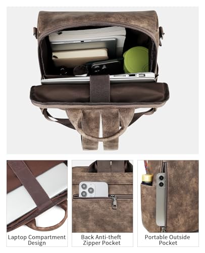 FADEON Leather Laptop Backpack for Women Designer 15.6 inch PU Laptop Bag, Ladies Travel Computer Work Backpack Grey - color: Coffee Brown