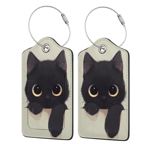 2 Pack Luggage Tags for Suitcases, PU Leather Bag Tag with Privacy Cover Address Card Travel Essentials-Black Cat - color: Black Cat
