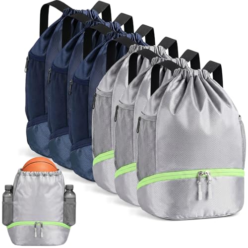 6 Pack Gym Drawstring Backpack Bags Bulk with Shoe Compartment for Sports Wet Proof Pocket for Men Women Large(Grey, Navy Blue) - color: Grey, Navy Blue