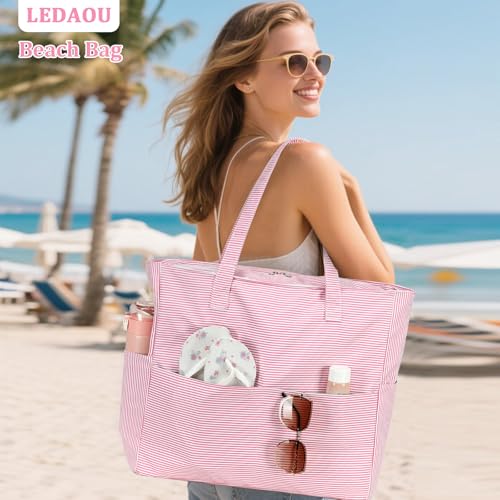 LEDAOU Beach Bag Waterproof Sandproof Women Beach Tote Pool Bag with Zipper for Swim Gym Grocery Travel with Wet Pocket | Sandproof - color: Light Rose Red Stripes