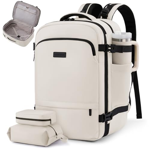 LOVEVOOK Carry On Backpack For Women & Men, 45L Personal Item Travel Bag, TSA Travel Backpack for Airplanes with Cup Holder, Business Weekender Overnight Waterproof Daypack with 2 Cubes, 17.3 inch - color: White-black, size: 45L-17.3 Inch-3Pcs
