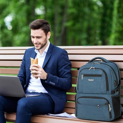 Insulated Lunch Backpack Fit 17" Laptop, Work Backpack with Lunch Box for Men & Women, Water Resistant College Computer Bag for Travel, Business, Hiking - color: Blue