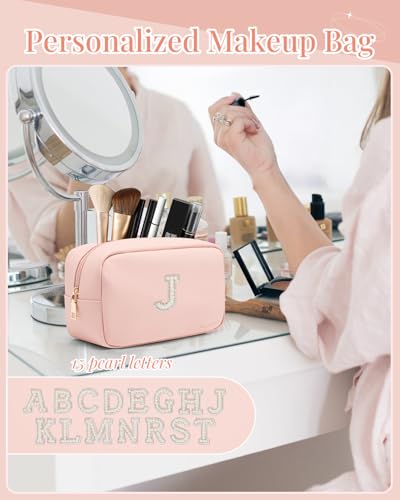 VLANDO Gifts for Girls Initial Makeup Bag Personalized Makeup Bag witt Pearl Cute Travel Toiletry Bag Preppy Makeup Pouch Birthday Gift for Teen Girls Women Daughter J - color: 03-Pink-J
