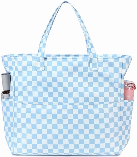 LEDAOU Beach Bag Waterproof Sandproof Women Beach Tote Pool Bag with Zipper for Swim Gym Grocery Travel with Wet Pocket | Sandproof - color: Checkered-blue
