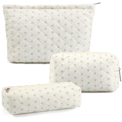 3 Pcs Makeup Bag Cosmetic Bag Set for Girls Women Checkered Travel Organizer Bathroom Toiletry Pouch Large Capacity Storage Bag(Small Flower Blue) - color: Small Flower Blue