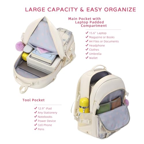 Backpack for Girls, 15.6 Inch Laptop School Bag Kids Kindergarten Elementary College Backpacks Large Bookbags for Teen Girl Women Students Casual Travel Daypacks (Beige) - color: Beige