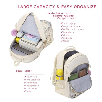 Backpack for Girls, 15.6 Inch Laptop School Bag Kids Kindergarten Elementary College Backpacks Large Bookbags for Teen Girl Women Students Casual Travel Daypacks (Beige) - color: Beige