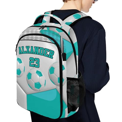 Personalized Name 16.5 Backcpack Sport Ball Athlete Player Soccer Aqua Toddler Backpack for School Gym Girls Boys Elementary Kids Backpack - color: Aqua
