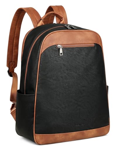 MASINTOR 15.6 inch Leather Laptop Backpack Purse for Women, Designer Travel and Work Bag with Laptop Compartment Black Brown - color: Black Brown