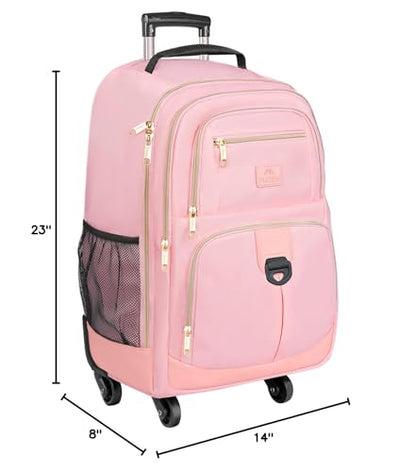 MATEIN Pink Rolling Backpack, 18 inch Womens Roller Laptop Bag with 4 Spinner Wheels, Water Resistant Wheeled Backpack Carry on Luggage, Extra Large Travel Rolling Suitcase Bag - color: Pink, size: 18 inch