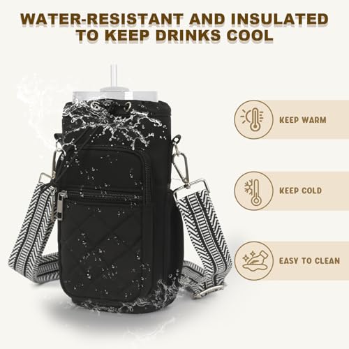 Water Bottle Holder with Strap, 32oz 40oz Insulated Water Bottle Carrier Bag, Purse Crossbody Sling Bag with Phone Pocket for Walking Hiking - color: black