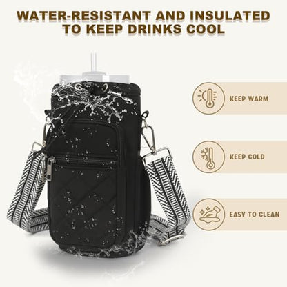 Water Bottle Holder with Strap, 32oz 40oz Insulated Water Bottle Carrier Bag, Purse Crossbody Sling Bag with Phone Pocket for Walking Hiking - color: black