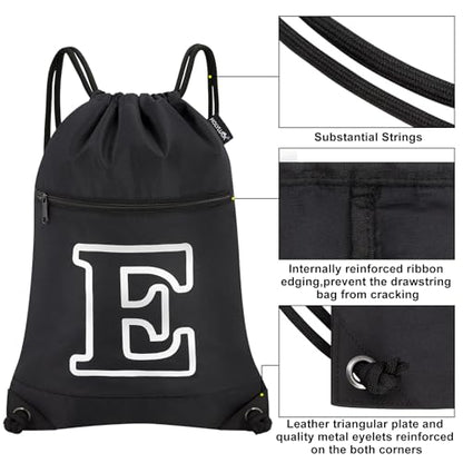 HOLYLUCK Drawstring Bags Initial Backpack Sackpack Cinch Bags for Sports, Gym, Travel, Beach (Black-E) - color: Black-e