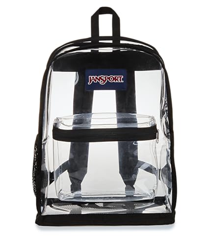 JanSport Clear Pack – 25.5L Transparent Backpack, Large Main Compartment, Side Water Bottle Pocket, Front Zippered Pocket, Mesh Bottom Panel, Clear - color: Clear, size: Large