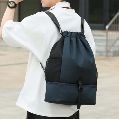 Water-Resistant Drawstring Gym Backpack Bag with Wet/Dry Separator Pocket（Dark Blue）