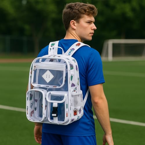 Clear Backpack-Heavy Duty PVC clear backpack for Stadium/Travel/Work,Dual Zippered Compartments&Mesh Side Pockets (white) - color: White