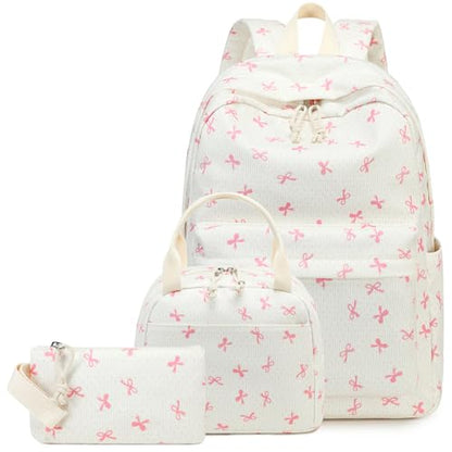 LEDAOU Backpack for Girls School Bag Kids Bookbag Teen Backpack Set Daypack with Lunch Bag and Pencil Case | Kids - color: Pink Bowtie -Beige