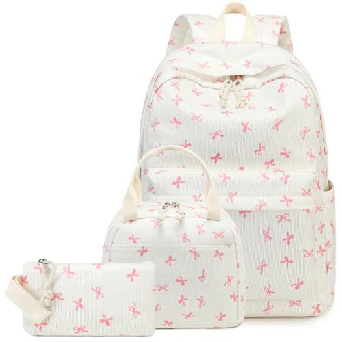 LEDAOU Backpack for Girls School Bag Kids Bookbag Teen Backpack Set Daypack with Lunch Bag and Pencil Case | Kids - color: Pink Bowtie -Beige