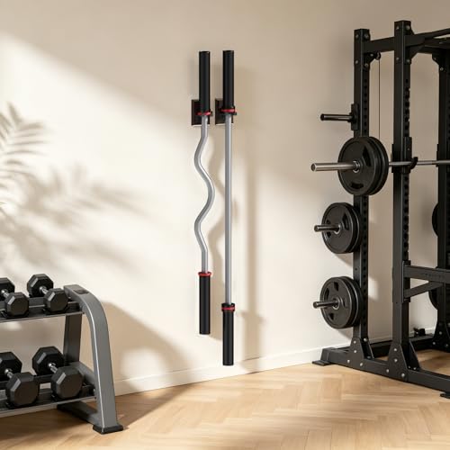 Barbell Wall Mount, Olympic Barbell Holder for Garage Gym, Vertical Bar Rack with Wooden Spacer Pad - Black Powder Coated Iron & Rubber Wood Base, Anti-Scratch Wall Protection & Extra Stability on Uneven Walls - Space Saving Home Gym Accessory, Barbell St