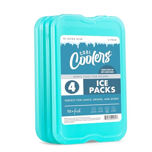 Cool Coolers by Fit & Fresh 4 Pack XL Slim Ice Packs, Quick Freeze Space Saving Reusable Ice Packs for Lunch Boxes or Coolers - color: Green (4 Pack)