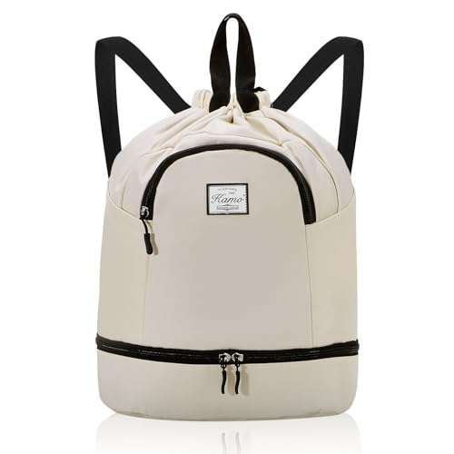 Kamo Drawstring Backpack Bag - Sport Swimming Yoga Backpack with Shoe Compartment, Two Water Bottle Holder for Men Women Large String Backpack Athletic Sackpack for Travel - color: Off-white