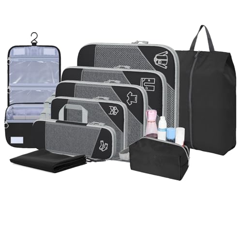 9-Set Packing Cubes with Hanging Bag | 9-Size Combination, Mesh Fabric & Reflective Stripe | Travel Luggage Organizers (Black) - color: Black