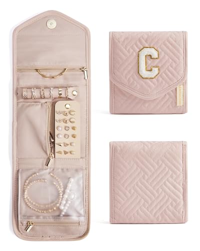 BAGSMART Travel Jewelry Organizer Case C Initial Foldable Jewelry Roll for Journey Rings, Necklaces, Earrings, Bracelets,Mini,Letter C,Soft Pink - color: Pink-C, size: Small