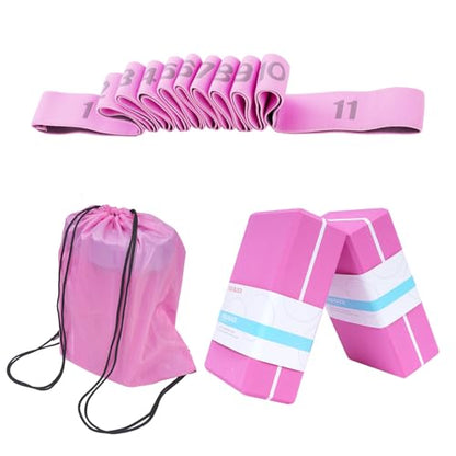 2 Pack Yoga Blocks 350g High Density, Non-Slip EVA Foam Brick with Bonus 11 loops Yoga Strap & Carry Bag, Pilates Block Set for Balance, Flexibility, Meditation, Home Gym & Studio - color: Pink Brick & Pink Band