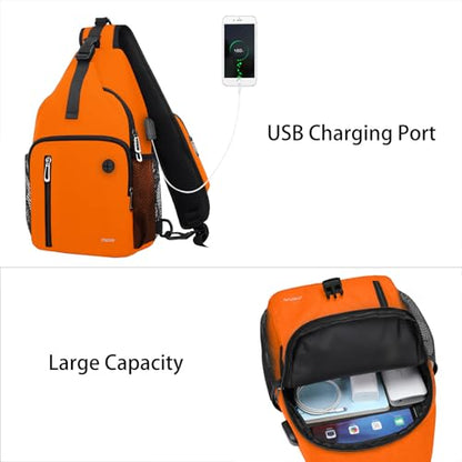 MOSISO Sling Backpack Bag, Crossbody Shoulder Bag Travel Hiking Daypack Chest Bag with Front Square Pocket&USB Charging Port - color: Orange