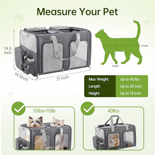 Cat Carrier for 2 Cats - Double Pet Carrier Extra Large, Dual Cabin Multi Cat Travel Carrier with Removable Divider, Collapsible, Can Hold 20 30 40 lbs for Two Small Kitten, a Medium Dog Gray - color: Gray